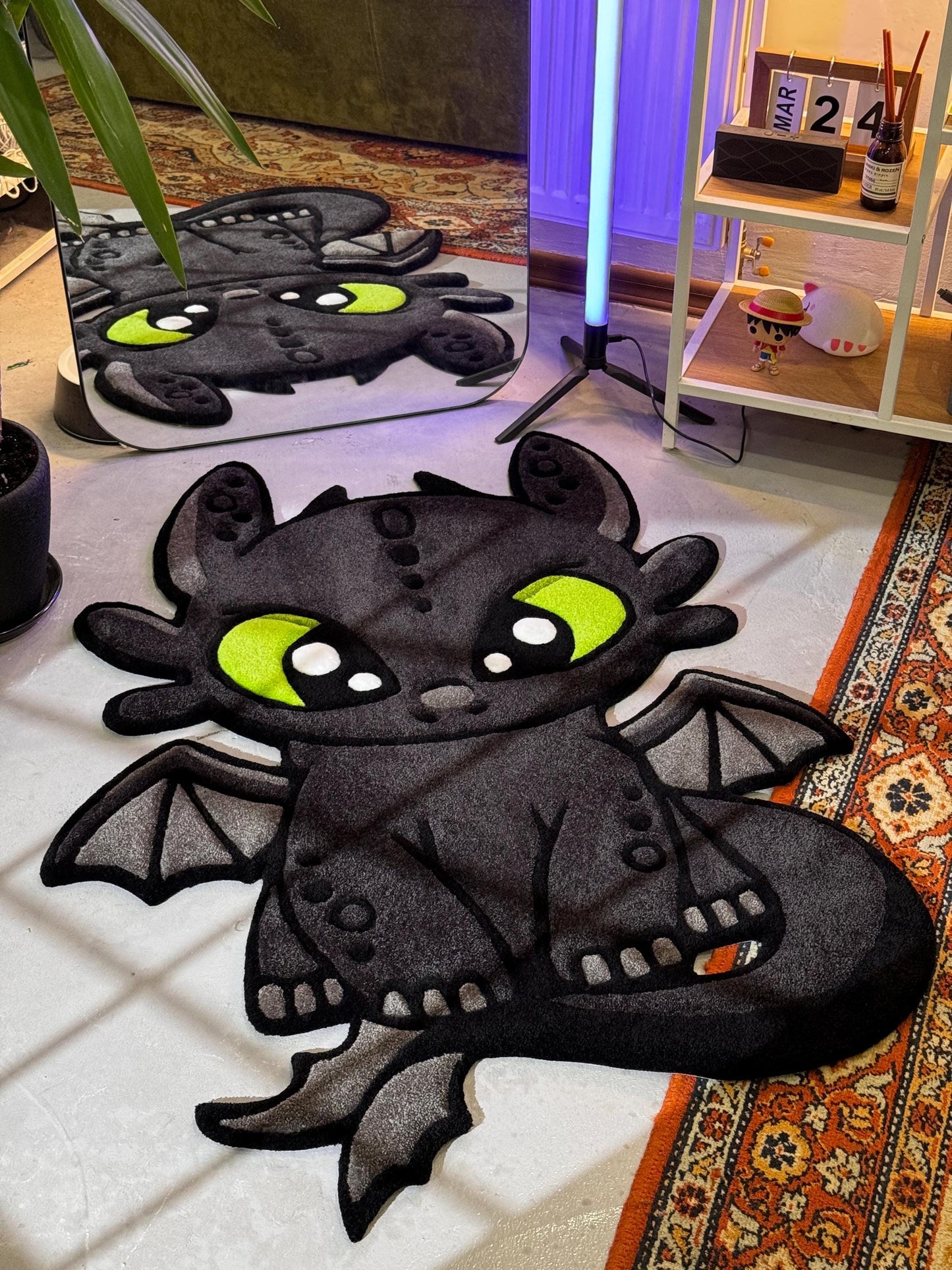 Cute Dragor Cartoon Character Rug, Dragon Rug, Bedroom Tufted Rug, Black Rug, Tufted Dragon