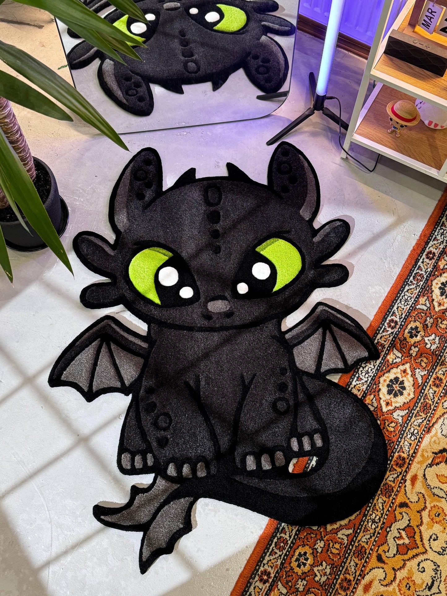 Cute Dragor Cartoon Character Rug, Dragon Rug, Bedroom Tufted Rug, Black Rug, Tufted Dragon
