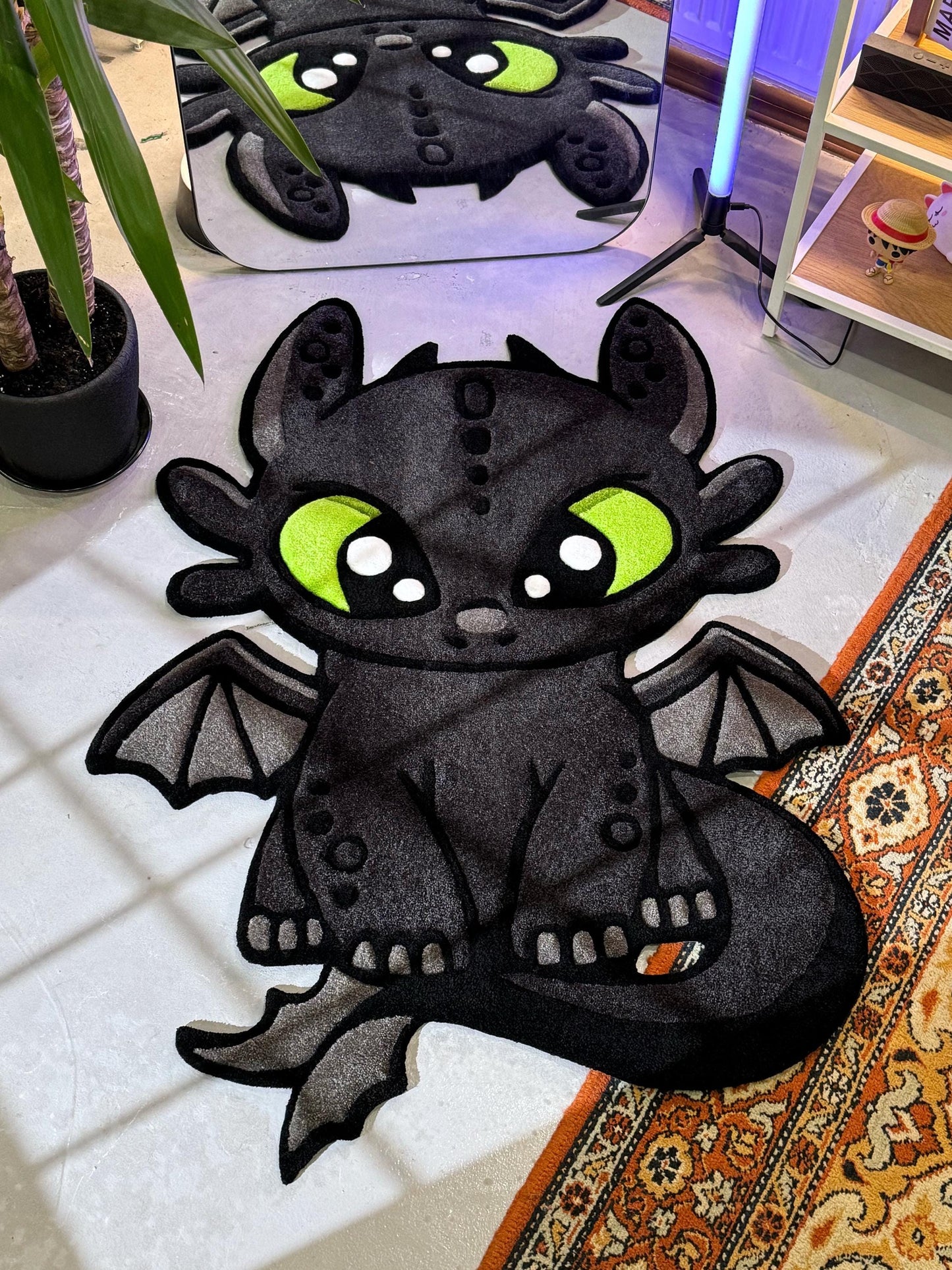 Cute Dragor Cartoon Character Rug, Dragon Rug, Bedroom Tufted Rug, Black Rug, Tufted Dragon