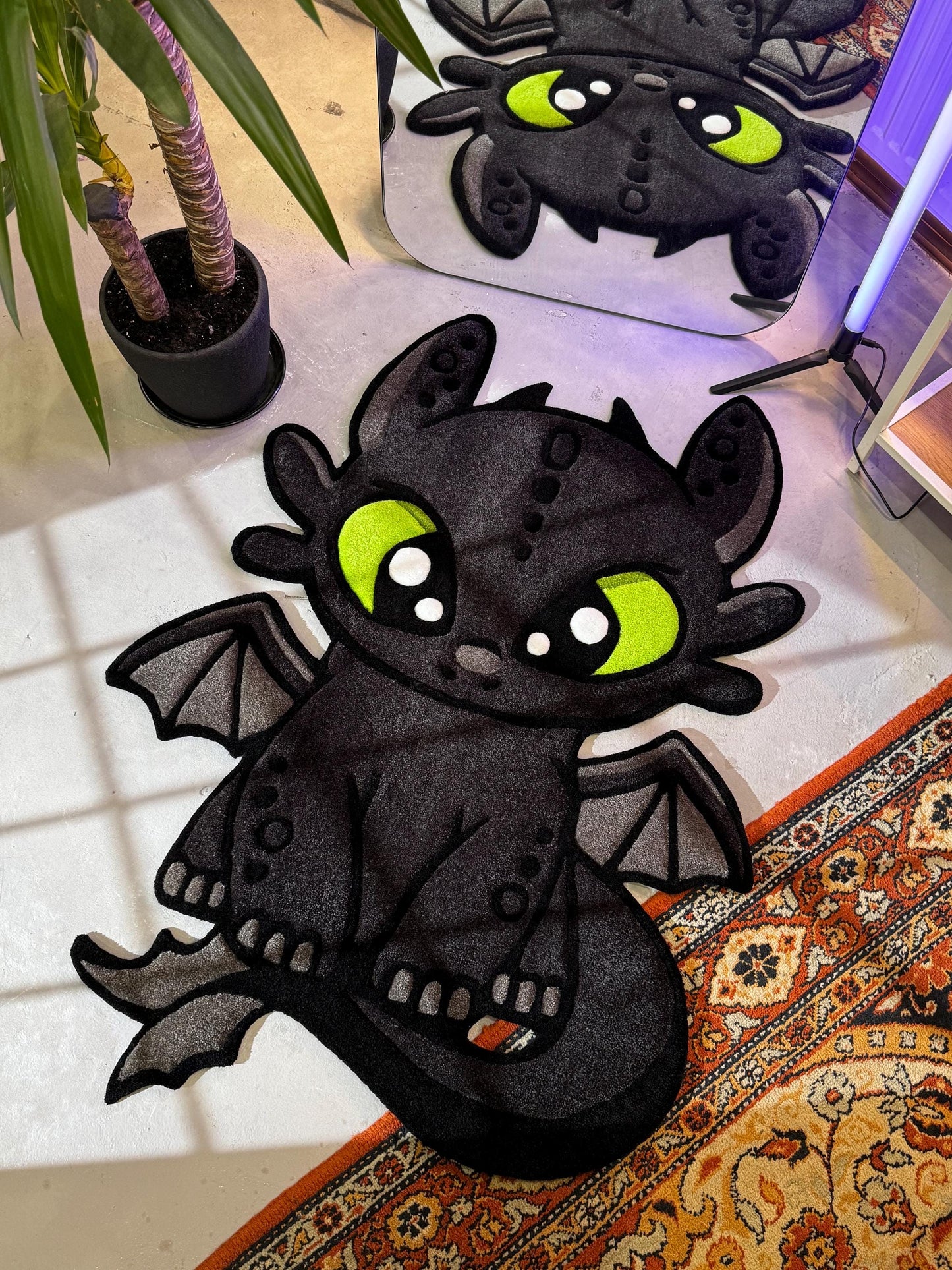 Cute Dragor Cartoon Character Rug, Dragon Rug, Bedroom Tufted Rug, Black Rug, Tufted Dragon