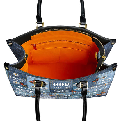 Personalized Leather Handbag Custom Name, Christian Gift, Gifts for Women, God Says I Am Bag, Blue Denim & Butterfly Design