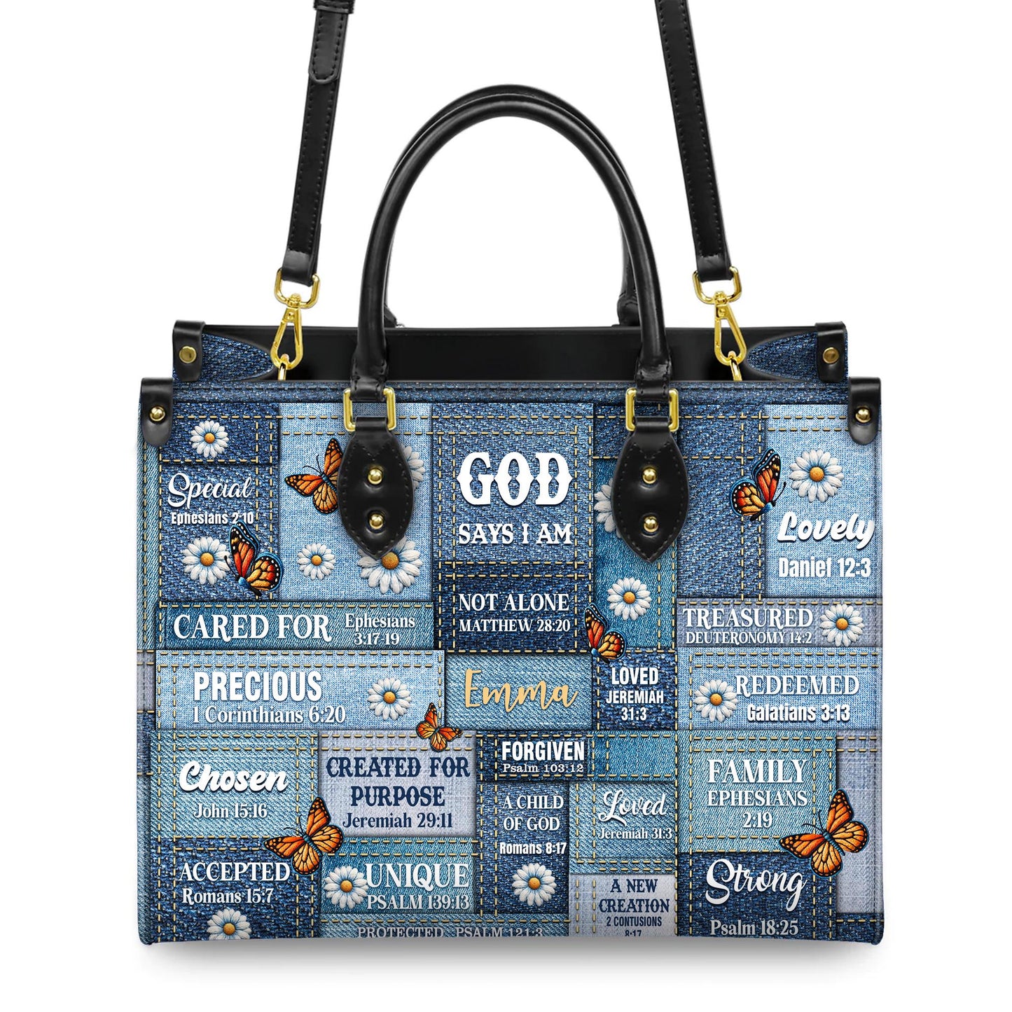 Personalized Leather Handbag Custom Name, Christian Gift, Gifts for Women, God Says I Am Bag, Blue Denim & Butterfly Design