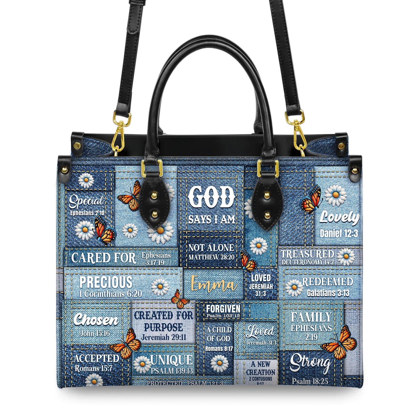 Personalized Leather Handbag Custom Name, Christian Gift, Gifts for Women, God Says I Am Bag, Blue Denim & Butterfly Design