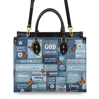 Personalized Leather Handbag Custom Name, Christian Gift, Gifts for Women, God Says I Am Bag, Blue Denim & Butterfly Design