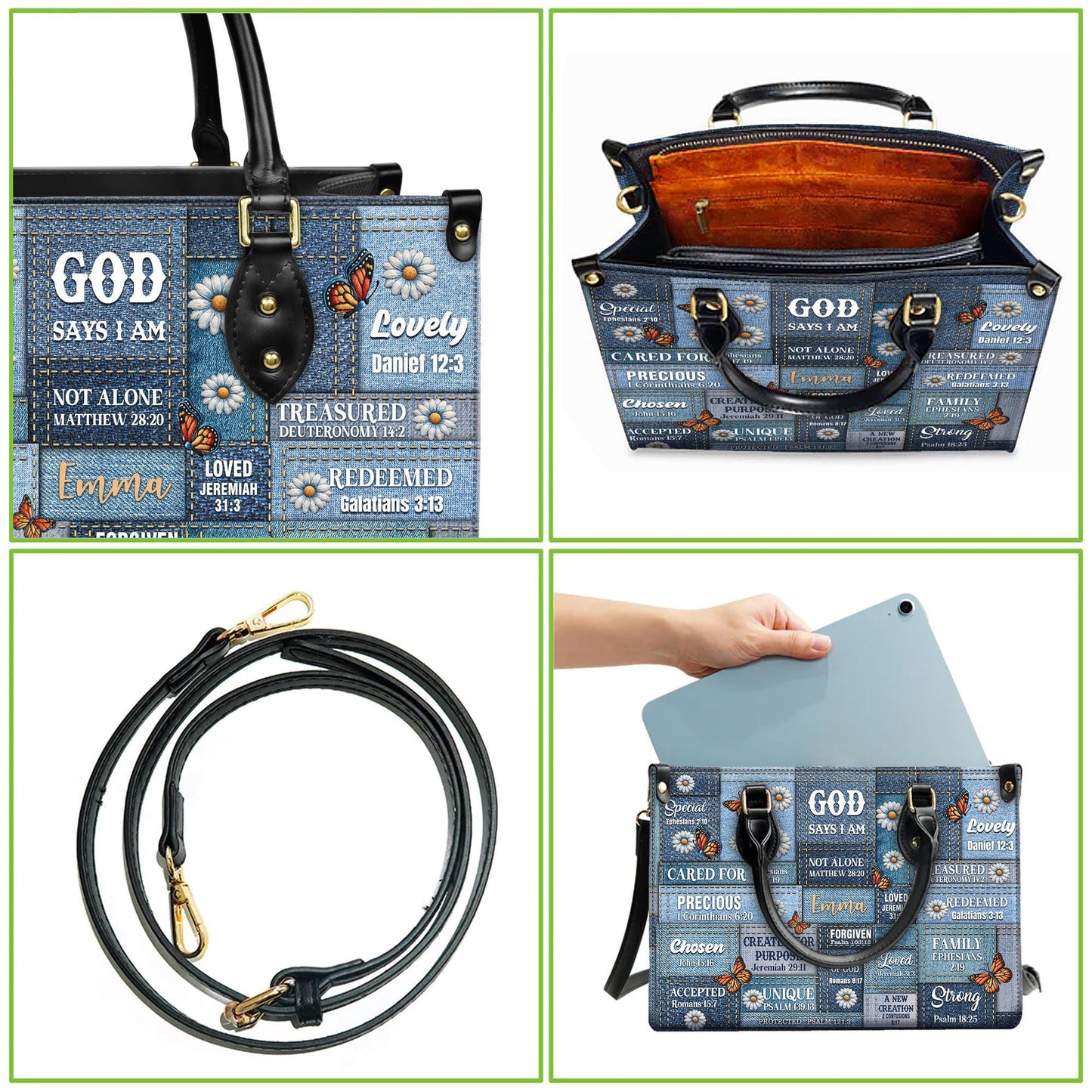 Personalized Leather Handbag Custom Name, Christian Gift, Gifts for Women, God Says I Am Bag, Blue Denim & Butterfly Design