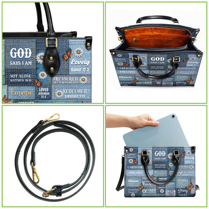 Personalized Leather Handbag Custom Name, Christian Gift, Gifts for Women, God Says I Am Bag, Blue Denim & Butterfly Design