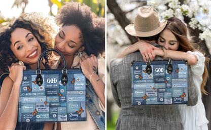 Personalized Leather Handbag Custom Name, Christian Gift, Gifts for Women, God Says I Am Bag, Blue Denim & Butterfly Design