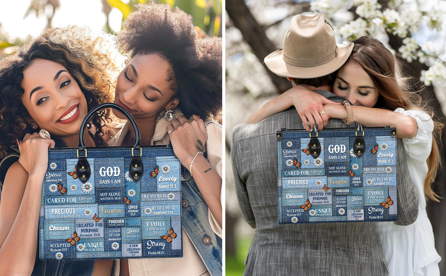 Personalized Leather Handbag Custom Name, Christian Gift, Gifts for Women, God Says I Am Bag, Blue Denim & Butterfly Design