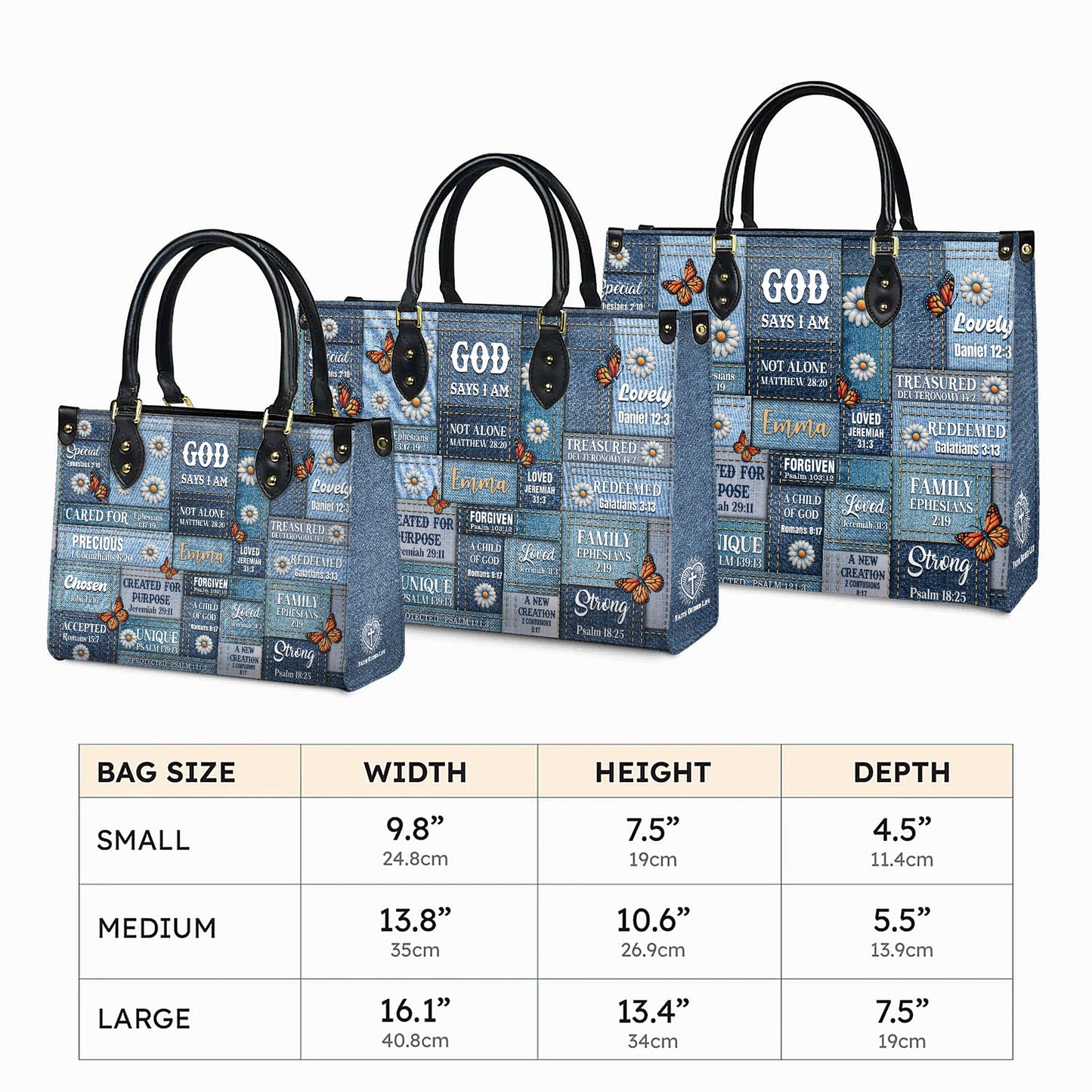 Personalized Leather Handbag Custom Name, Christian Gift, Gifts for Women, God Says I Am Bag, Blue Denim & Butterfly Design