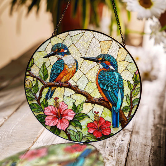 Colorful Kingfisher Birds Floral Branch Glass Suncatcher Window Decor Gift for Bird Lovers