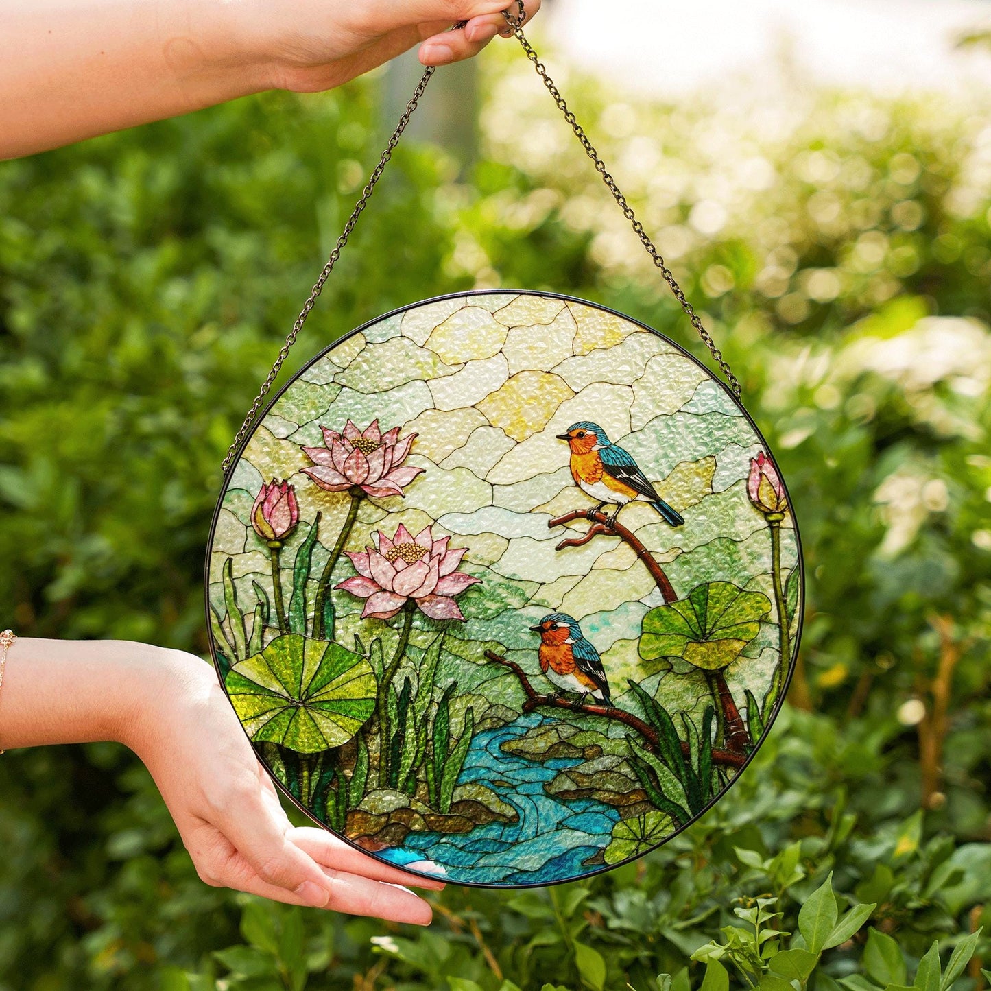 kingfisher lotus pond stained glass suncatcher nature window decor gift for bird lovers