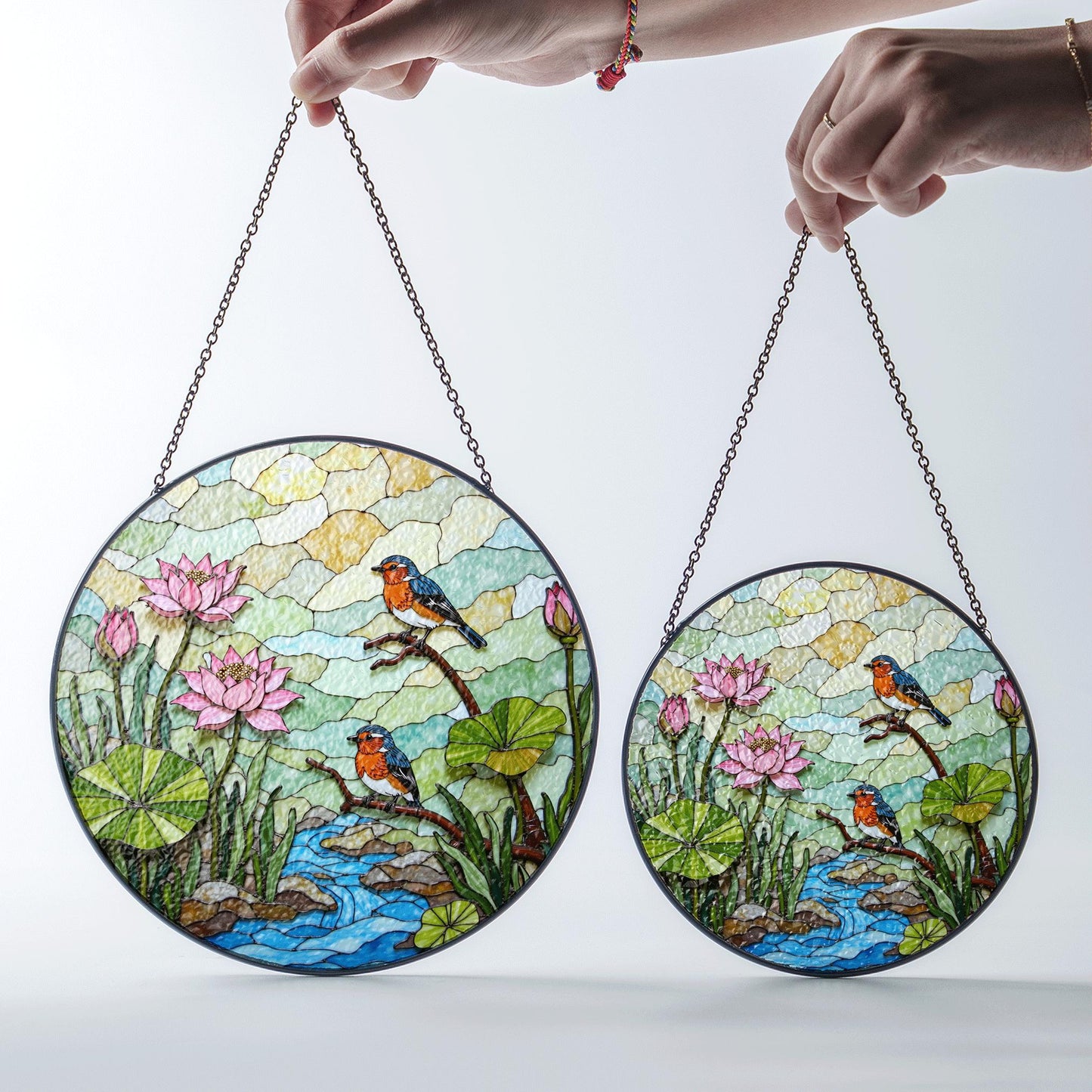 kingfisher lotus pond stained glass suncatcher nature window decor gift for bird lovers