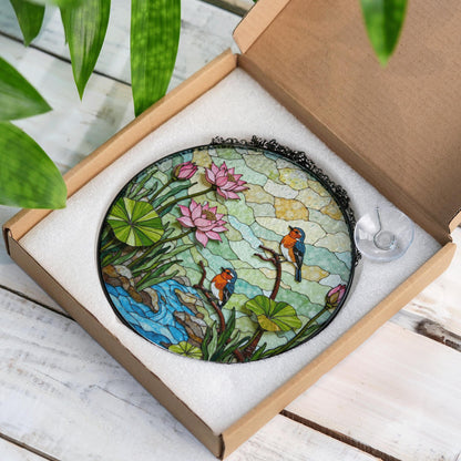 kingfisher lotus pond stained glass suncatcher nature window decor gift for bird lovers