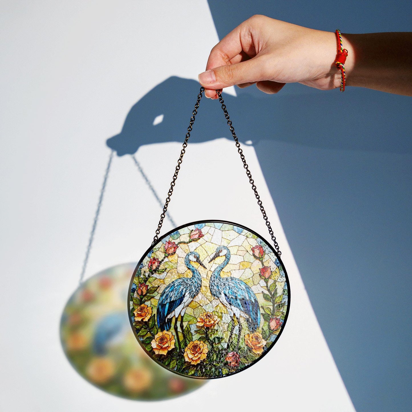 blue heron floral round stained glass window hanging suncatcher bird lover gift