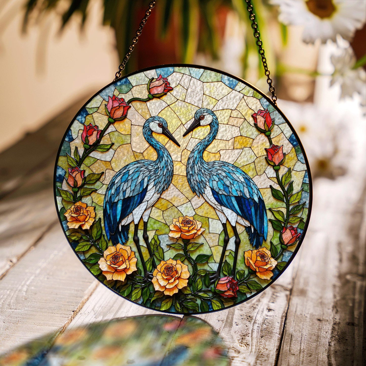 blue heron floral round stained glass window hanging suncatcher bird lover gift