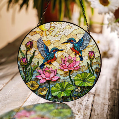 Kingfisher Lotus Pond Suncatcher Stained Glass Window Hanging Gift for Bird Lovers