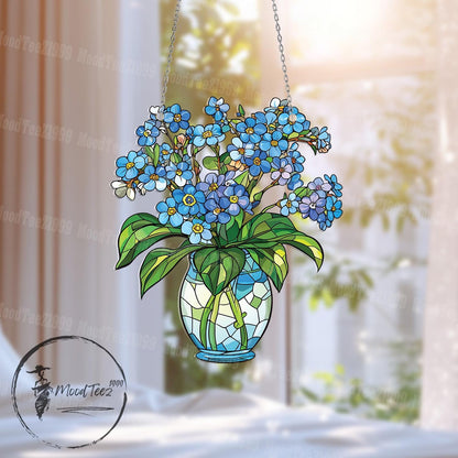 Blue Flower Window Hanging, Decorative Floral Vase with Forget Me Not Design, Elegant Window Decoration for Home, Kitchen, or Garden Room