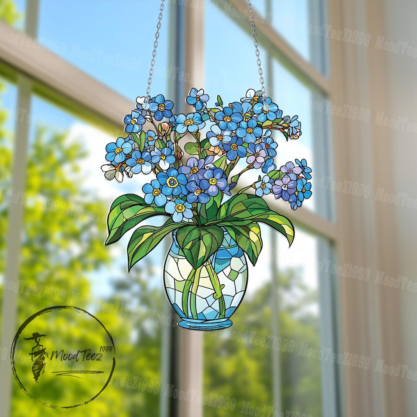 Blue Flower Window Hanging, Decorative Floral Vase with Forget Me Not Design, Elegant Window Decoration for Home, Kitchen, or Garden Room
