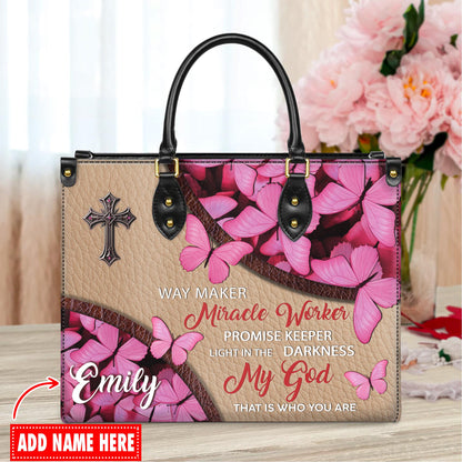Personalized Leather Handbag Custom Name, Christian Gift, Gifts for Women, Way Maker Miracle Worker Bag, Pink Butterfly & Cross Design