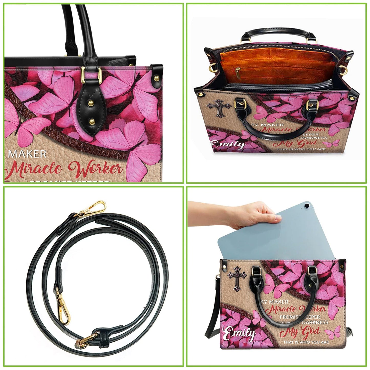 Personalized Leather Handbag Custom Name, Christian Gift, Gifts for Women, Way Maker Miracle Worker Bag, Pink Butterfly & Cross Design
