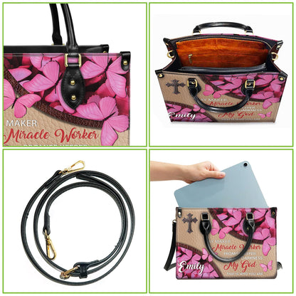 Personalized Leather Handbag Custom Name, Christian Gift, Gifts for Women, Way Maker Miracle Worker Bag, Pink Butterfly & Cross Design