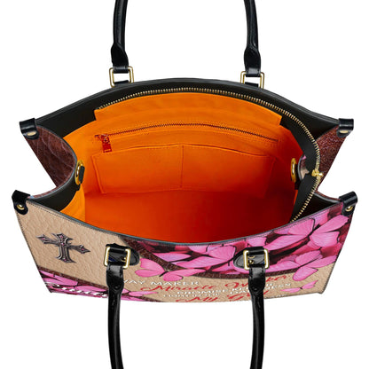 Personalized Leather Handbag Custom Name, Christian Gift, Gifts for Women, Way Maker Miracle Worker Bag, Pink Butterfly & Cross Design