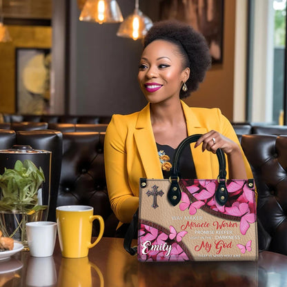 Personalized Leather Handbag Custom Name, Christian Gift, Gifts for Women, Way Maker Miracle Worker Bag, Pink Butterfly & Cross Design