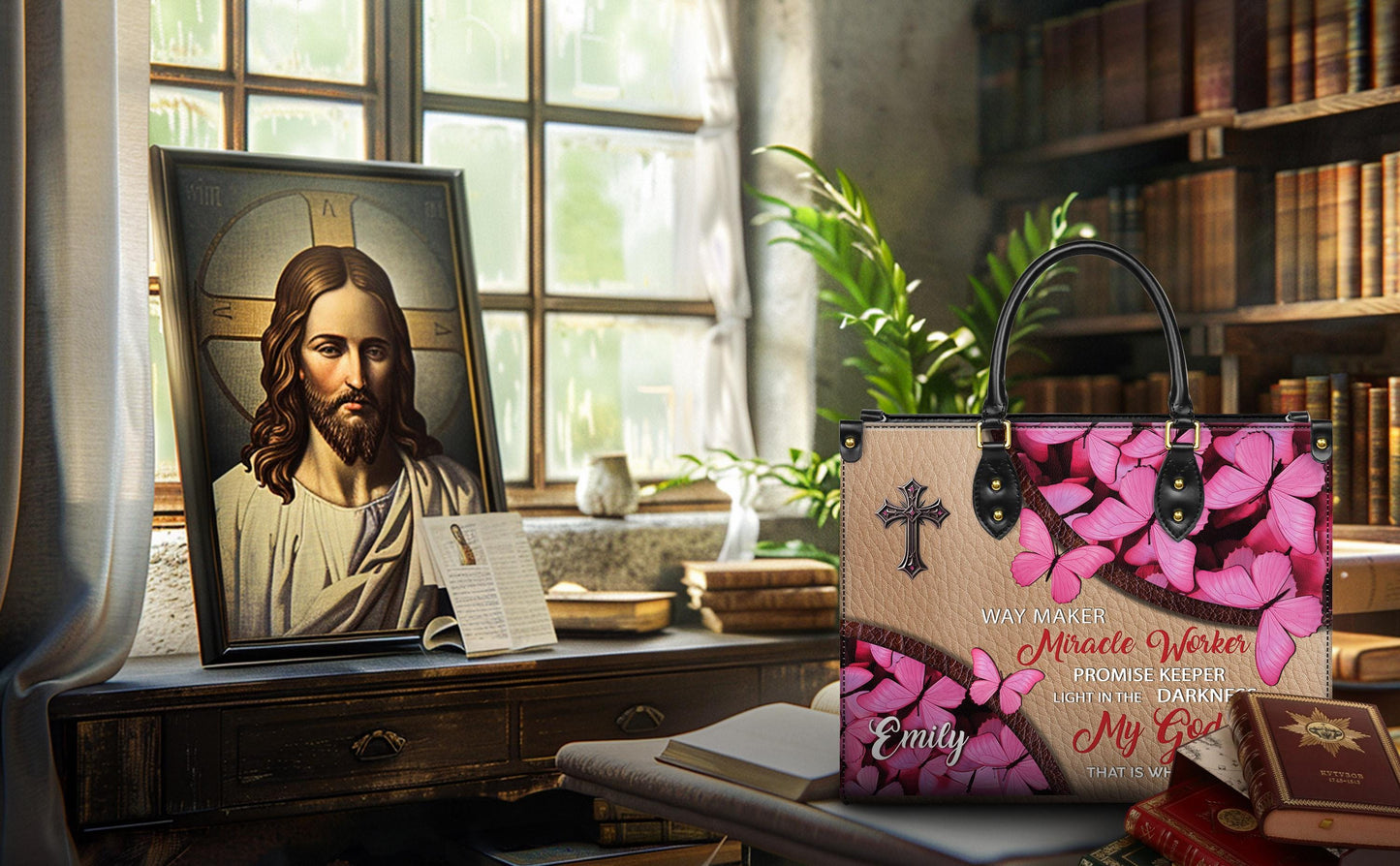 Personalized Leather Handbag Custom Name, Christian Gift, Gifts for Women, Way Maker Miracle Worker Bag, Pink Butterfly & Cross Design