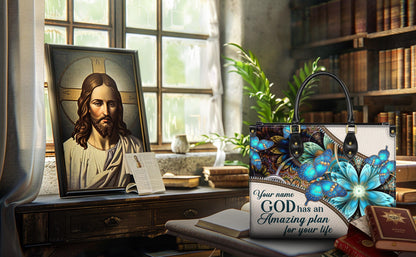 Personalized Leather Handbag Custom Name, Christian Gift, Gifts for Women, Amazing Plan for Your Life Bag, Butterfly & Flower Design