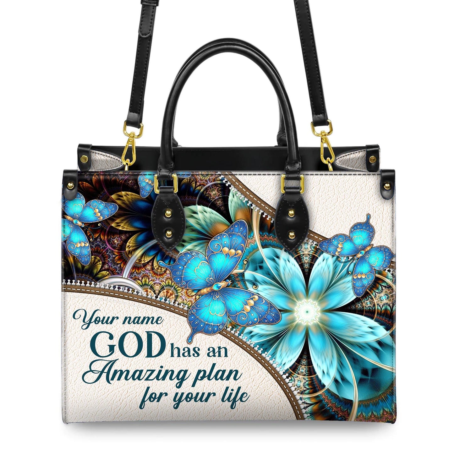 Personalized Leather Handbag Custom Name, Christian Gift, Gifts for Women, Amazing Plan for Your Life Bag, Butterfly & Flower Design