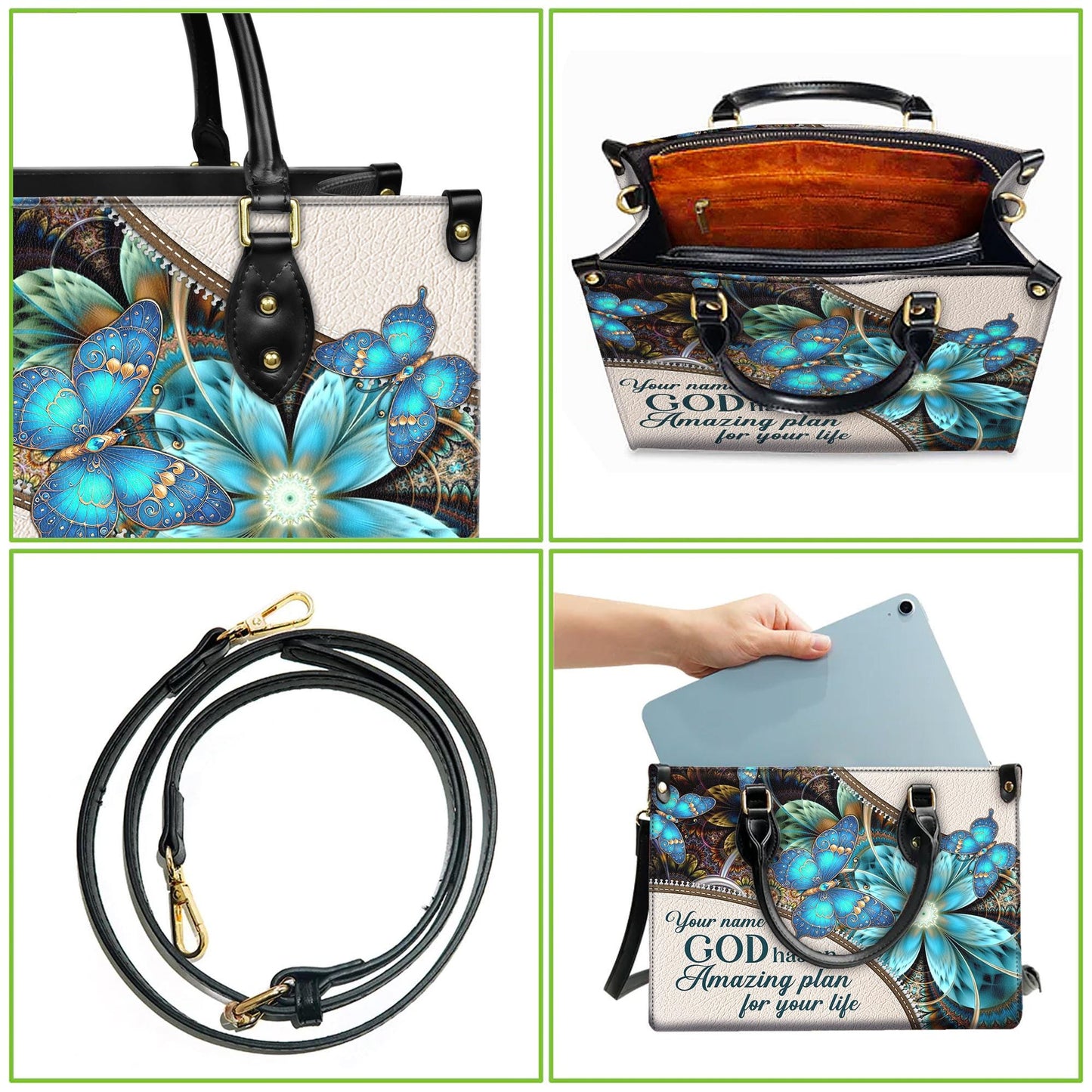 Personalized Leather Handbag Custom Name, Christian Gift, Gifts for Women, Amazing Plan for Your Life Bag, Butterfly & Flower Design