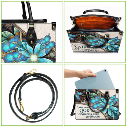 Personalized Leather Handbag Custom Name, Christian Gift, Gifts for Women, Amazing Plan for Your Life Bag, Butterfly & Flower Design