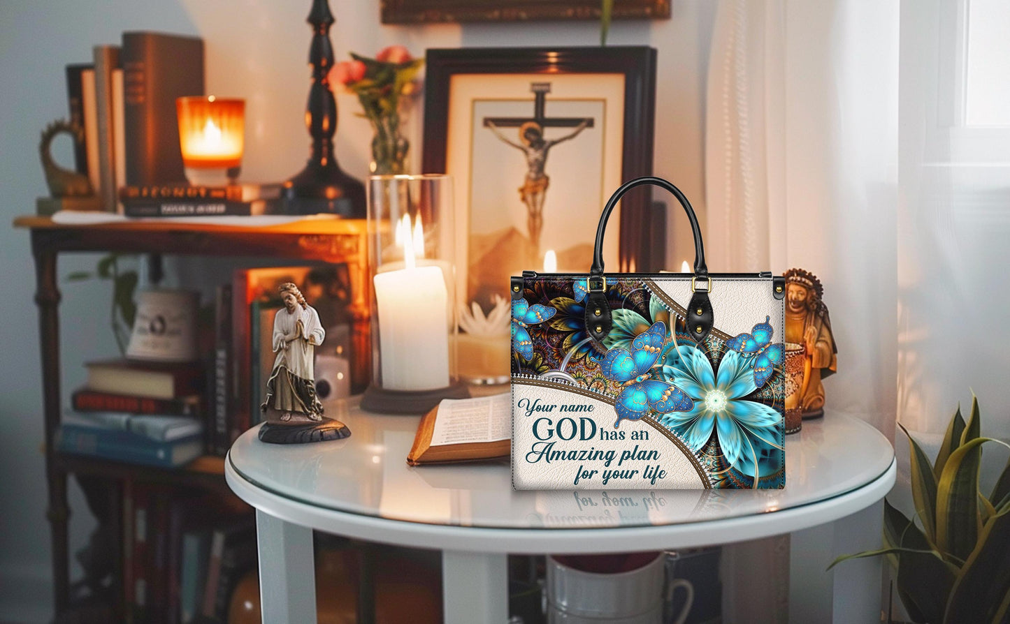 Personalized Leather Handbag Custom Name, Christian Gift, Gifts for Women, Amazing Plan for Your Life Bag, Butterfly & Flower Design