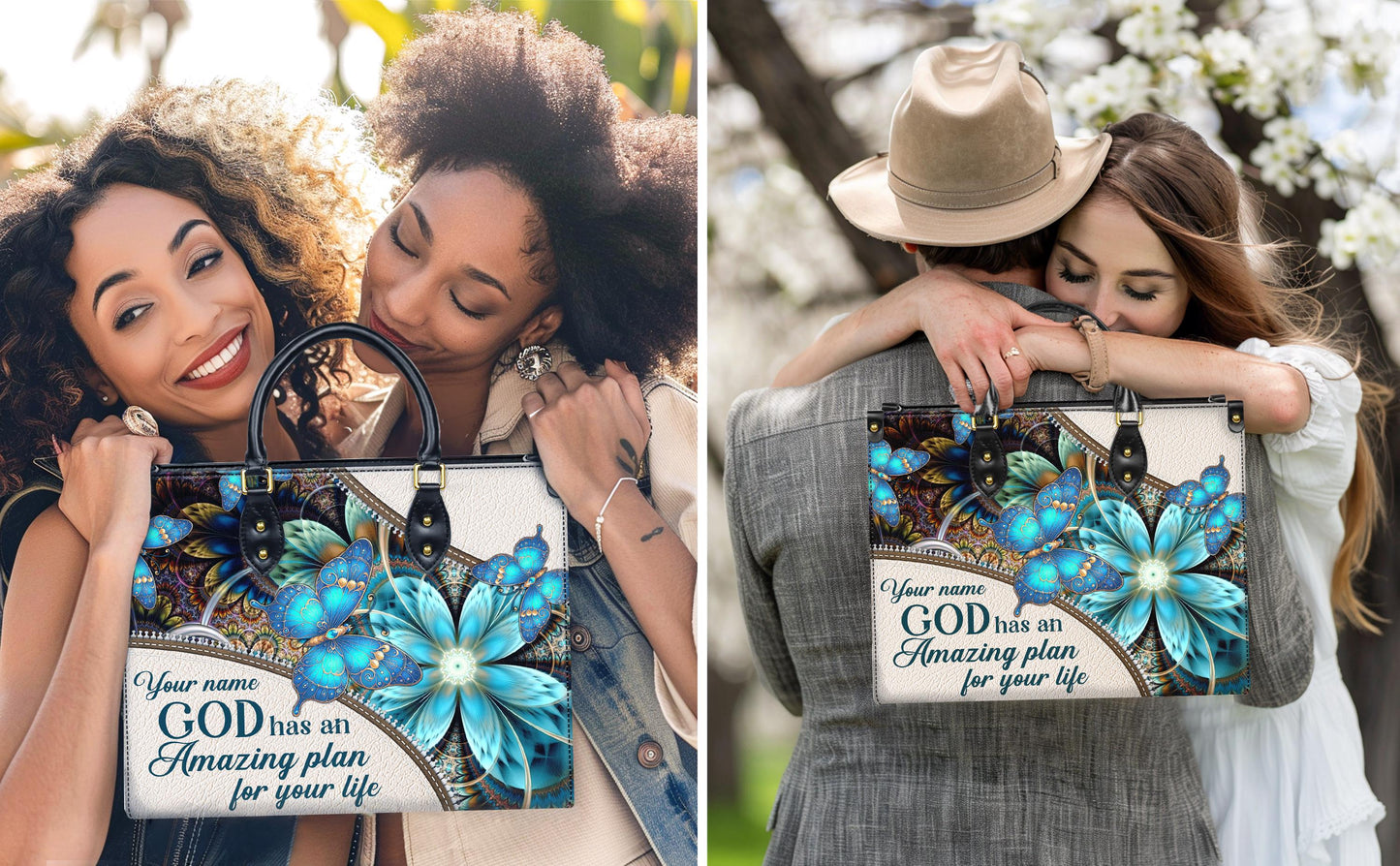 Personalized Leather Handbag Custom Name, Christian Gift, Gifts for Women, Amazing Plan for Your Life Bag, Butterfly & Flower Design