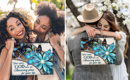 Personalized Leather Handbag Custom Name, Christian Gift, Gifts for Women, Amazing Plan for Your Life Bag, Butterfly & Flower Design