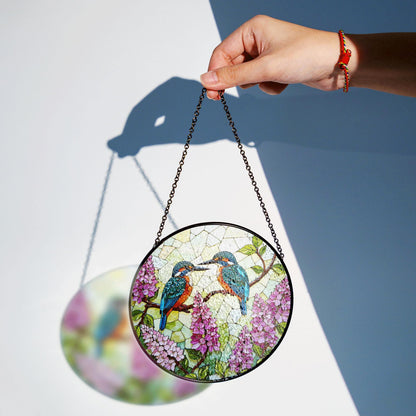 Kingfishers on Lilac Branch Stained Glass Suncatcher Window Decor Gift for Bird Lovers