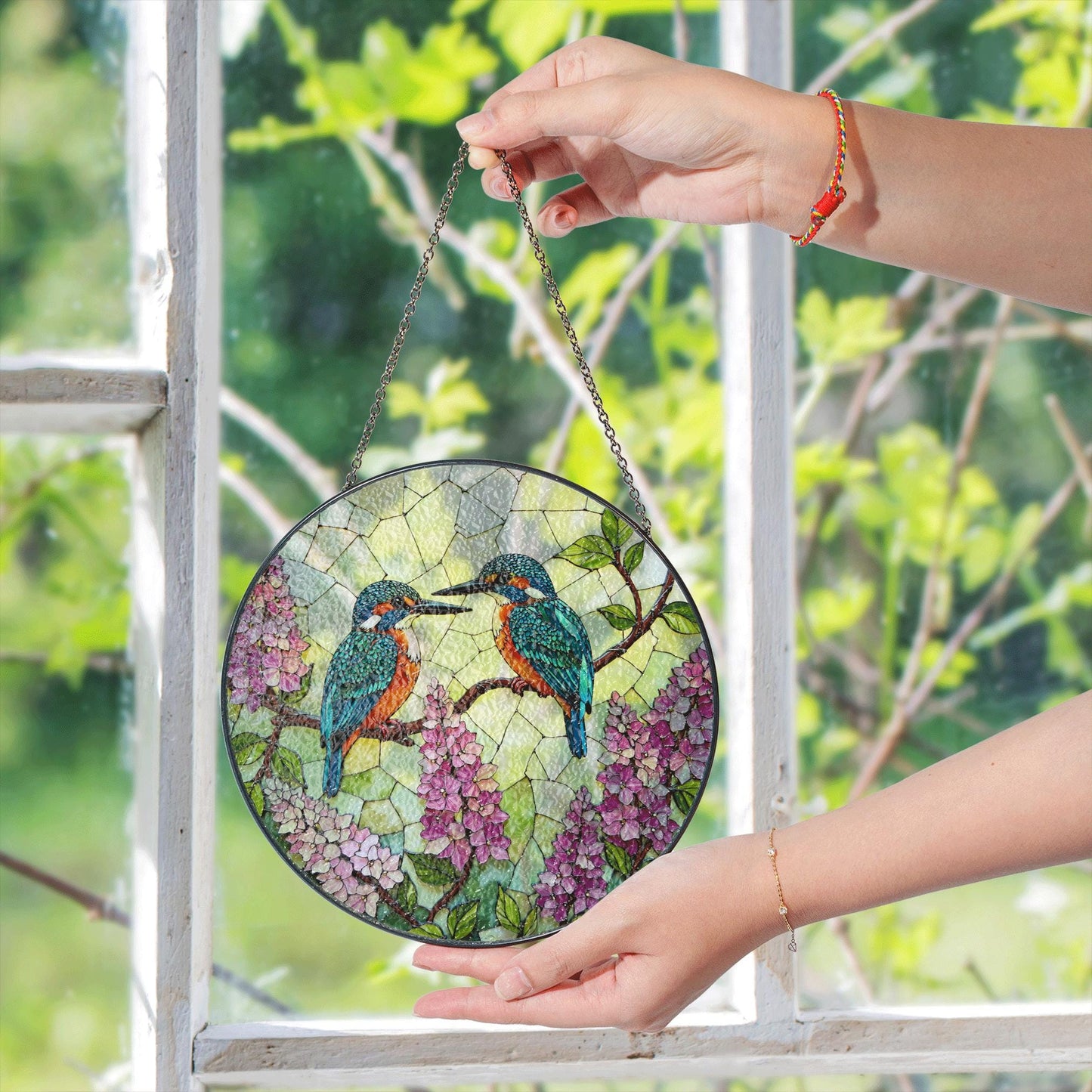 Kingfishers on Lilac Branch Stained Glass Suncatcher Window Decor Gift for Bird Lovers