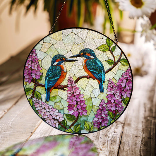 Kingfishers on Lilac Branch Stained Glass Suncatcher Window Decor Gift for Bird Lovers