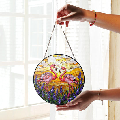 Flamingos In Lavender Field Round Window Hanging Flamingo Suncatcher Gift For Mom