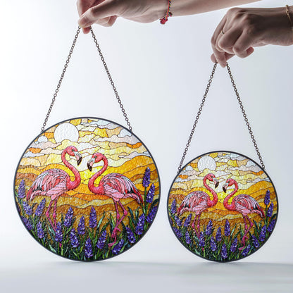 Flamingos In Lavender Field Round Window Hanging Flamingo Suncatcher Gift For Mom