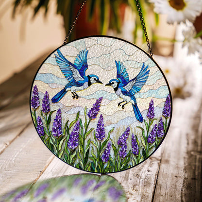 Blue birds with lavender stained glass suncatcher round window decor gift for mom