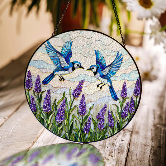Blue birds with lavender stained glass suncatcher round window decor gift for mom