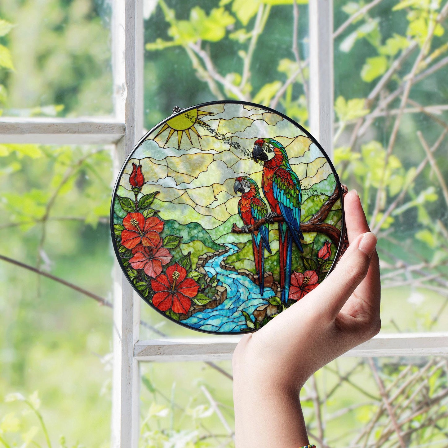 Colorful Parrots River Scene Stained Glass Style Suncatcher Window Hanging Gift for Mom