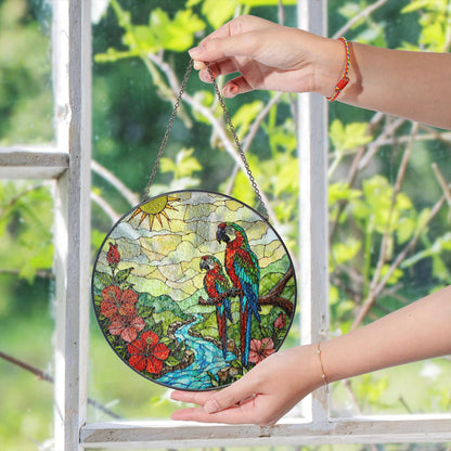 Colorful Parrots River Scene Stained Glass Style Suncatcher Window Hanging Gift for Mom