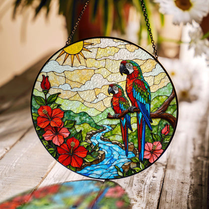 Colorful Parrots River Scene Stained Glass Style Suncatcher Window Hanging Gift for Mom
