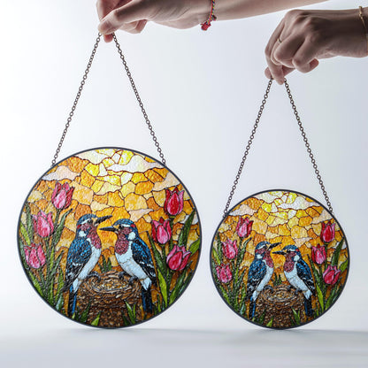 Two Birds and Tulips Stained Glass Suncatcher Colorful Window Hanging Gift for Mom