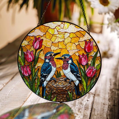 Two Birds and Tulips Stained Glass Suncatcher Colorful Window Hanging Gift for Mom