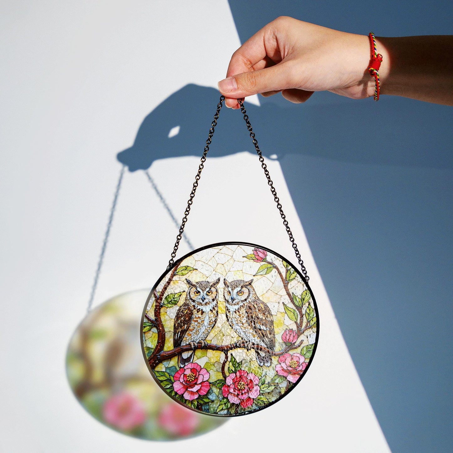 Two Owls on Flowering Branch Stained Glass Style Round Suncatcher Gift for Bird Lovers