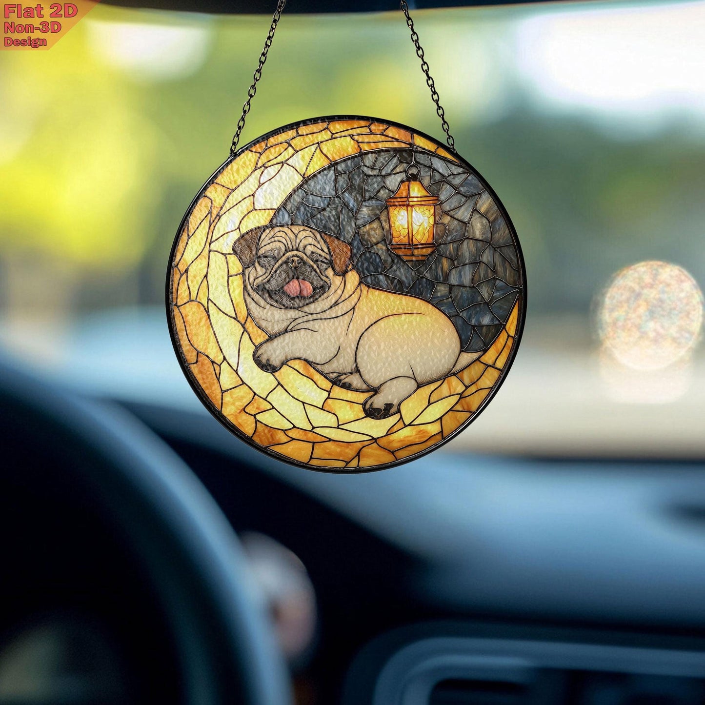 Pug on Moon Faux Stained Glass Suncatcher – Cozy Dog and Lantern Night Scene Window Decor, Gift for Pet Lovers, Dog Moms, and Peaceful Homes