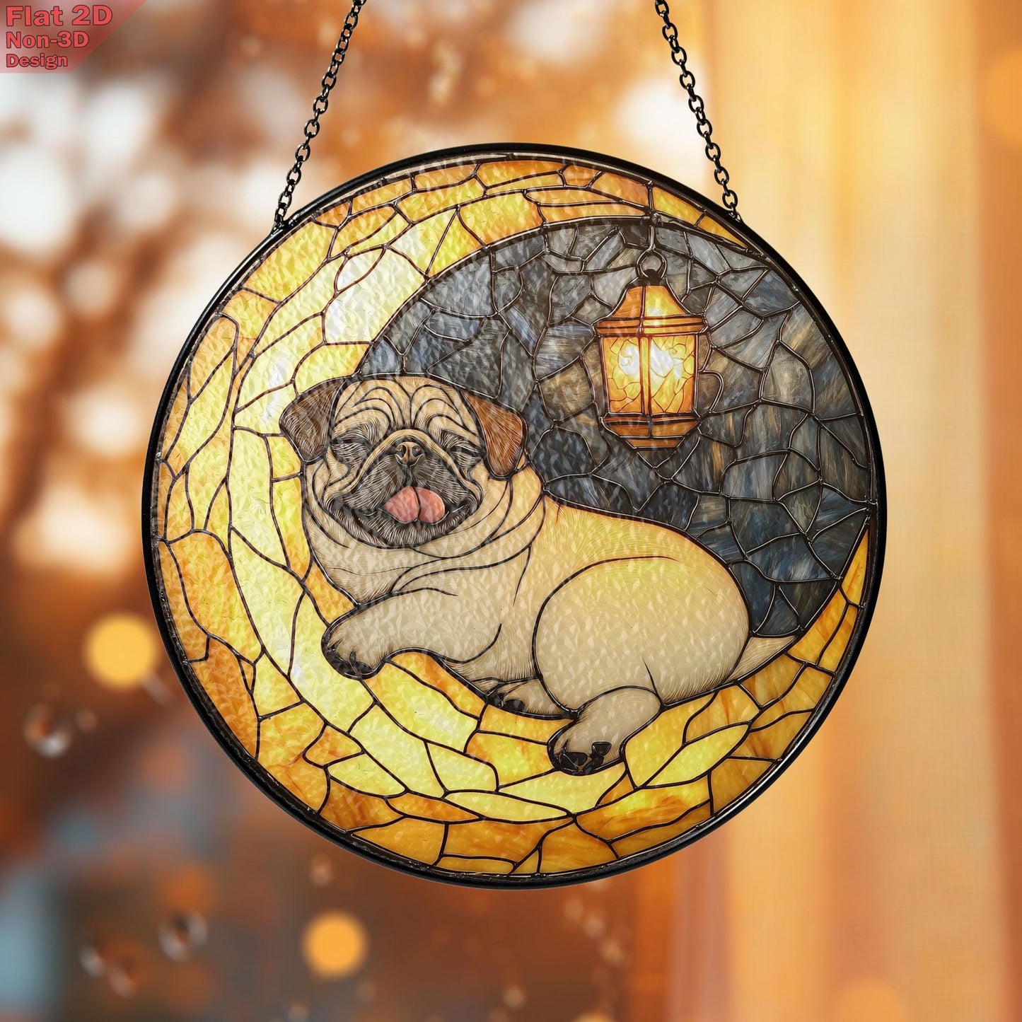 Pug on Moon Faux Stained Glass Suncatcher – Cozy Dog and Lantern Night Scene Window Decor, Gift for Pet Lovers, Dog Moms, and Peaceful Homes